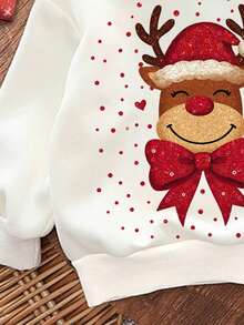 SHEIN Model minimalist casual de Crăciun cu reni drăguți, buline roșii, alb crem, stil balet la modă, moale și drăguț, festiv, hanorac tricotat confortabil cu mânecă lungă, cu guler rotund lejer, potrivit pentru toamnă/iarnă, ieșiri de Crăciun