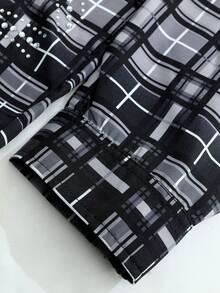 ROMWE MEN Street Life Men's Shirt With Rhinestone Plaid Pattern, Long Sleeve, Streetwear American Style - Black - View 6