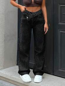 SHEIN PETITE 100% Cotton Women's Black Straight-Leg Jeans With Slanted Belt Loops And Pockets - Black - View 2