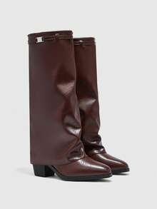 CUCCOO BIZCHIC 女士咖啡色方头粗跟高筒靴，简约通勤风过膝靴 - 棕色 - 查看 1