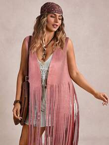 Freevana Autumn/Winter Brown Tassel Bohemian Style Country Music Festival Long Sleeveless Women Casual Coat Vacation Outfits Woman Vacation Outfits Woman - Pink - View 6