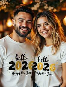 SHEIN EZwear T-shirt décontracté ajusté à col rond et manches courtes pour femmes, convient pour le Nouvel An 2026 - Blanc - Voir 1