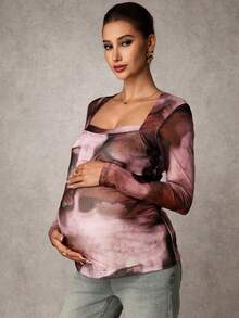 MaterniChic Maternity Elegant Printed Ruched Long Sleeve T-Shirt Maternity Tops Maternity Shirts For Women Pregnancy Shirts Maternity Long Sleeve Top Square Neck Maternity Top Breastfeeding Shirt - Multicolor - View 3