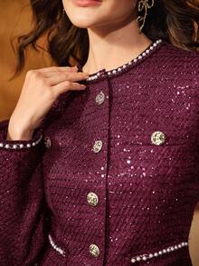 Anewsta Women's Vintage Round Neck Tweed Sequin Tassel Pearl Knit Elegant Metal Button Waist Long Sleeve Short Christmas Jacket - Burgundy - View 2