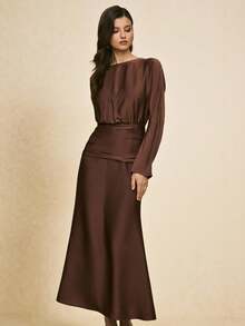 Poéselle Vestido de manga larga con cintura ceñida de unicolor elegante para mujeres - Marrón - Ver 7