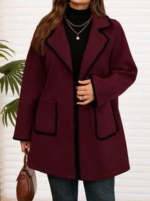 EMERY ROSE Plus Size Women's Elegant Autumn Formal Evening Office Overcoat,Burgundy Black Contrast Embroidered Lace Edge Long Sleeve Pockets Warm Jacket Coats - Burgundy - View 6