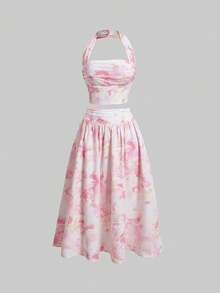 SHEIN MOD 女士扎染露背上衣和半身裙套装，渐变印花，大理石纹印花