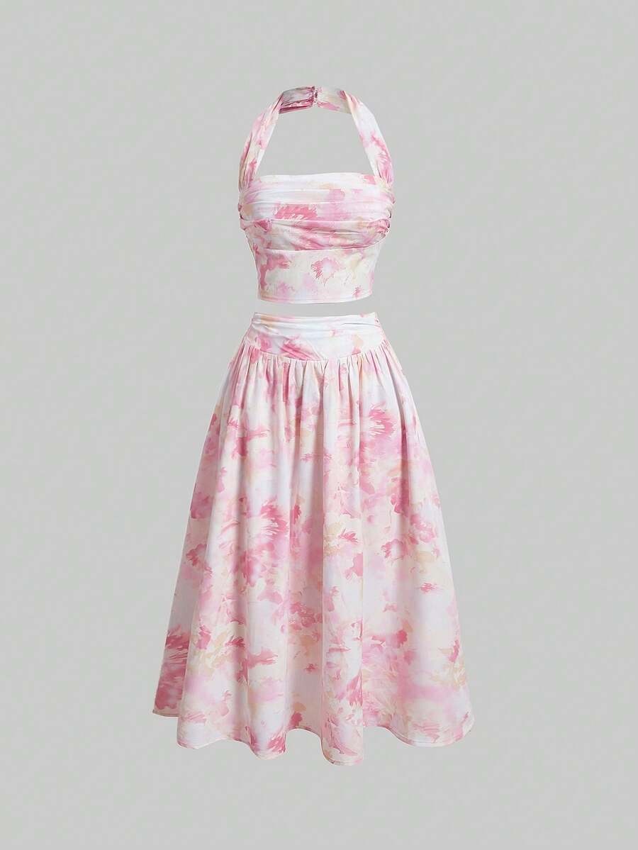 SHEIN MOD 女士扎染露背上衣和半身裙套装，渐变印花，大理石纹印花