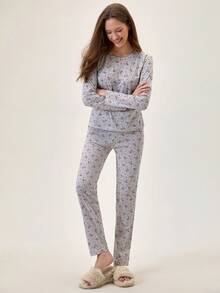 Loomlin 女士棉质花卉图案圆领长袖衬衫和睡裤家居服舒适睡衣套装 - 彩色 - 查看 4