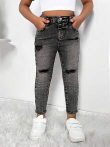 SHEIN 少女灰色弹力紧身破洞牛仔裤 - 黑色 - 查看 3