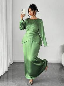 SHEIN Elenzya 大码女式纯色圆领褶皱腰身长袖优雅连衣裙 - 綠色 - 查看 6