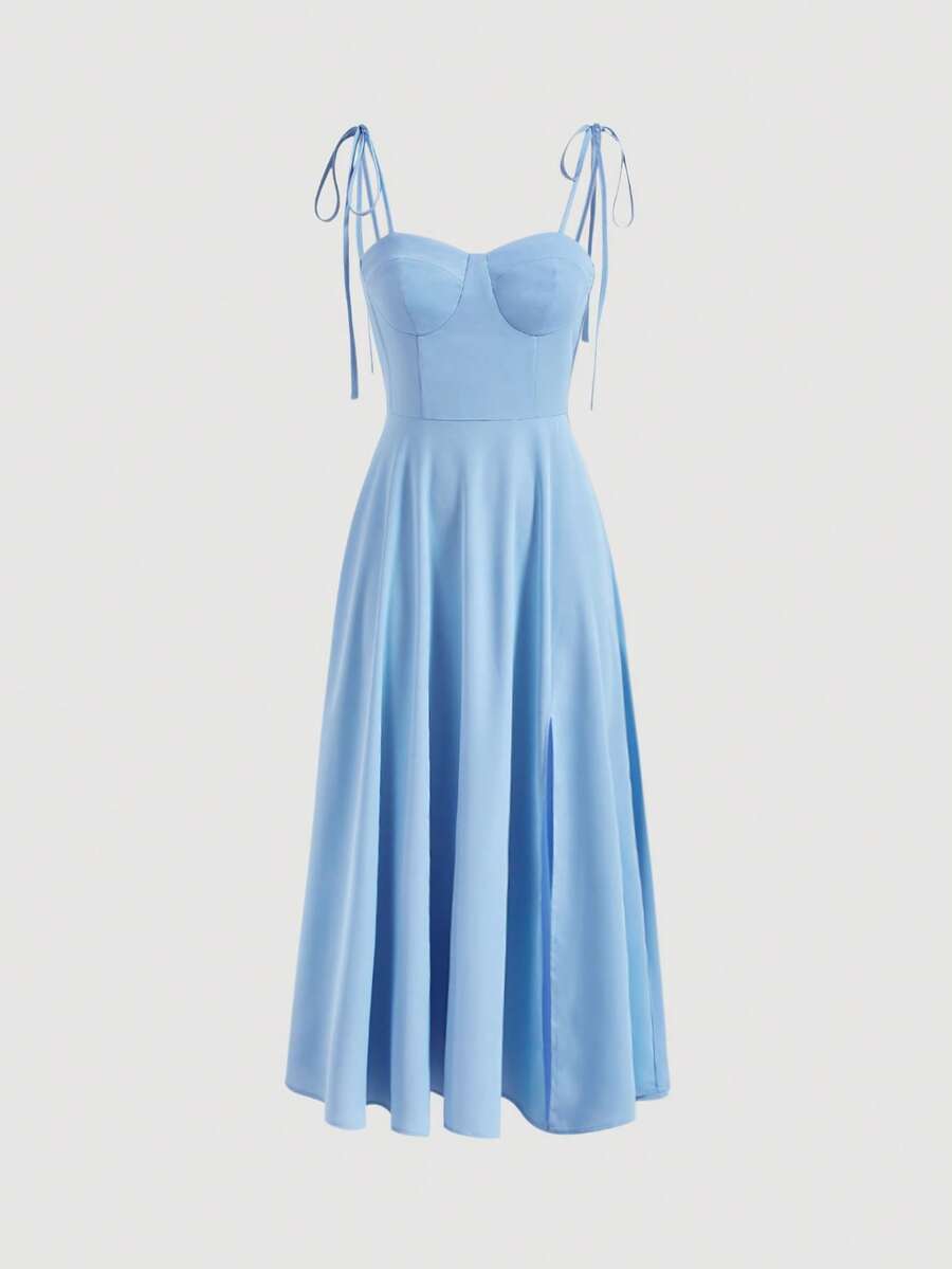 SHEIN MOD Đầm Thắt nút Tách cao màu trơn Buổi tiệc - Màu xanh nhạt - Xem 1