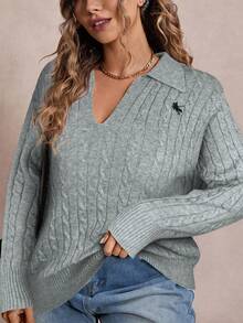 Freevana Neue modische, locker gestrickte Pullover mit Umlegekragen, schlankheitsfördernd und altersreduzierend, Oversize Pullover für Damen - Grau - Übersicht 3