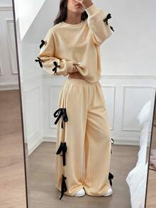 SHEIN EZwear 女士休闲宽松杏色蝴蝶结装饰两件套，冬季两件套 - 杏色 - 查看 5