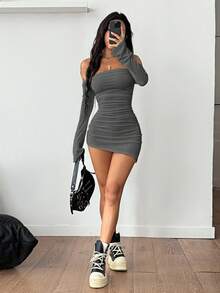 Coolane 女士白色针织修身露肩连衣裙 - 灰色 - 查看 2