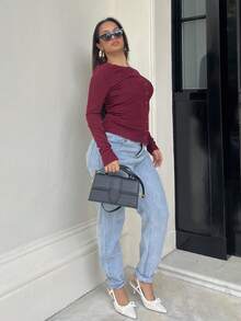 NegzBox Ribbed Button Through Long Sleeve Crew Neck Top Casual Vacation Airport Holiday Fall Winter Christmas - Burgundy - View 5
