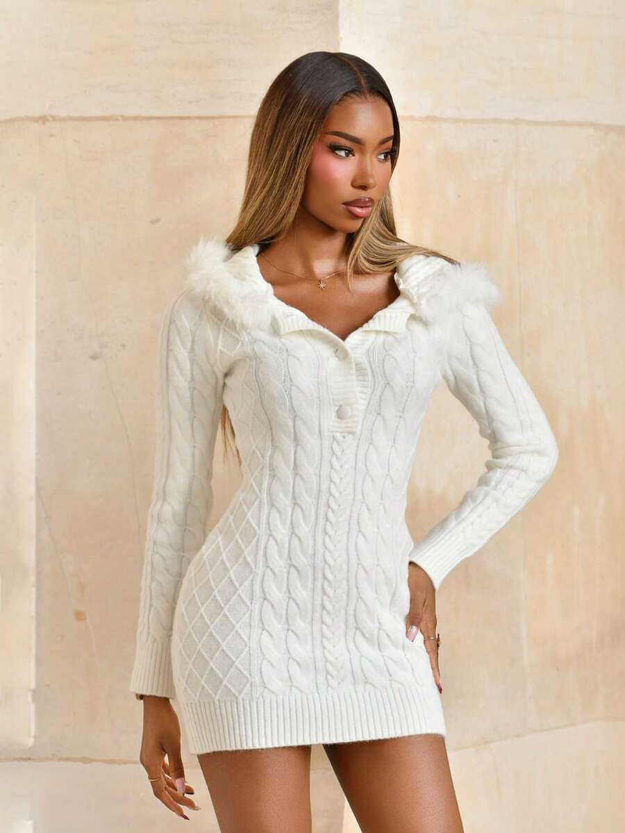 Mima John Vestido de suéter de manga larga con capucha, de color liso, sexy y de moda, para otoño/invierno - Blanco - Ver 1