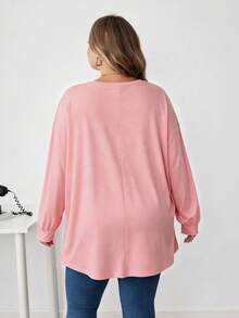 SHEIN CURVE+ Áo thun tay dài cổ tròn trễ vai màu trơn cỡ lớn dành cho nữ/Mùa thu/Đông - Hồng - Xem 2