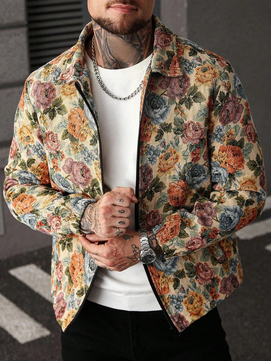 Manfinity CasualCool Áo khoác thường ngày bán chạy nhất dành cho nam cỡ lớn, phong cách INS, vải Jacquard Jacquard, trang phục hàng ngày, quà tặng bạn trai/chồng, quà tặng kỷ niệm, áo khoác có khóa kéo - Nhiều màu - Xem 1