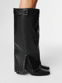 ROMWE Grunge Punk Botas de tobillo con tacón grueso, hebilla ajustable, de moda para mujer - Negro - Ver 4