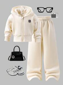 Sparklyn 女童休闲连帽卫衣和运动裤套装，秋冬季 - 米色 - 查看 1