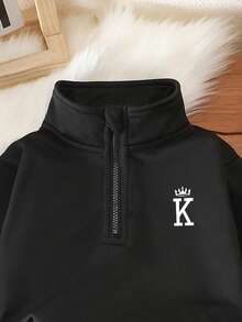 2pcs/Set Infant Toddler Unisex 0-3Y Casual Sports Crown & Letter Print Black Long Sleeve Zip-Up Pullover Sweatshirt And Sweatpants Set, Baby Boy/Girl Athletic Outfit, Autumn/Winter/Spring Black Baby Boy Clothes Baby Tracksuit 2 Piece Toddler Sets
