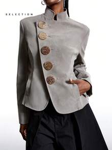 LYSMO 2025 New Arrive Minimalism Winter Women's Metal Single-Breasted Stand Collar Long Sleeve Fashion Jacket - Camel - View 4