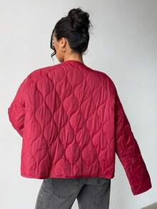 SHEIN Unity Padded Coat With Round Neck, Drop Shoulder, Front Button, Quilted Gourd Pockets - Red Violet - View 2