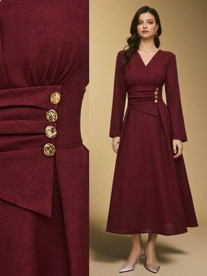 Poéselle Vestido elegante de longitud media con cuello en V, manga larga, cintura fruncida y diseño de botón metálico para mujer
