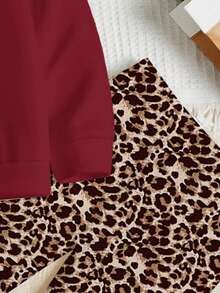 2件套女童休闲复古豹纹蝴蝶结装饰卫衣和打底裤套装，覆盆子红，街头风，朋克风，复古风，返校季穿搭，适合秋冬季 - 彩色 - 查看 5