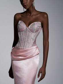 Elitara 优雅、浪漫、时尚、端庄的浅粉色提花面料褶皱装饰鱼尾下摆长款正式派对礼服、婚礼宾客礼服、黑白礼服、正式晚礼服 - 淺粉色 - 查看 4