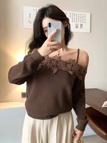 DAZY Women's Solid Color Embroidered Applique Long Sleeve Sweater - Brown - View 8
