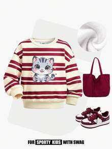 JNSQ Moletom com Forro Térmico, Estampa Fofa de Gatinho Listrado, Meninas Jovens, Outono/Inverno - Multicolorido - Visão 1