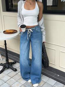 K-Vae 女式休闲低腰阔腿牛仔裤，蓝色 - 中等水洗藍 - 查看 5