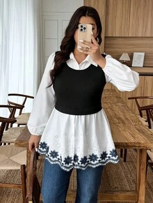 EMERY ROSE Women's Autumn/Winter 2 In 1 Embroidered Floral A-Line Button Up Top, Suitable For Casual Daily Wear Women Blouses Elegant Tunic Blouse - Multicolor - View 3