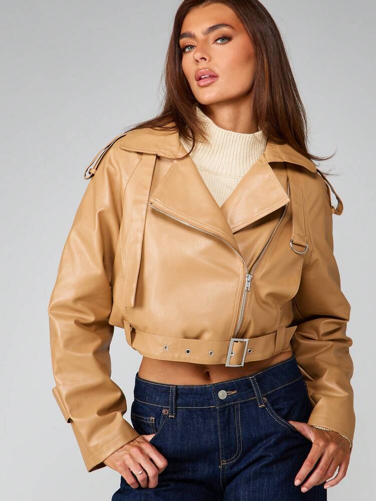 MISSGUIDED Kurze Ledermantel-Jacke mit Reißverschluss- und Gürteldetails für Herbst- und Wintersaison