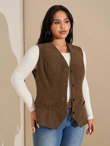 SHEIN Tall CURVE 大码女装秋季纯色灯芯绒单排扣开襟马甲外套，大码女装，夏秋季，街头风女装，乡村音乐会，复古风格女装，大码西部马甲，大码灯芯绒马甲，适合初秋、外出、西部风、女性度假、初秋、秋季女装、冬季女装、秋季女装 - 棕色 - 查看 3
