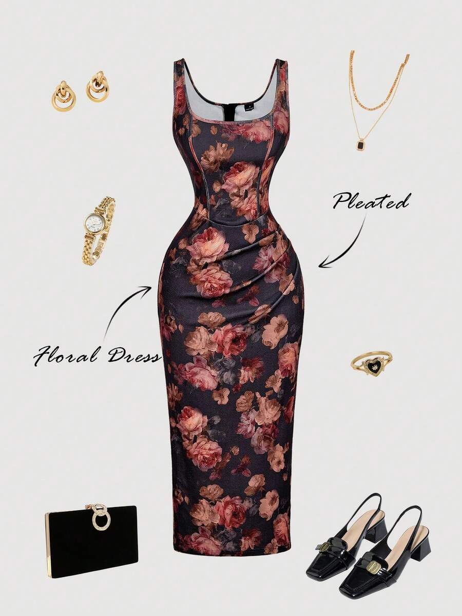 SHEIN MOD 女式黑色花卉印花修身连衣裙 - 彩色 - 查看 1