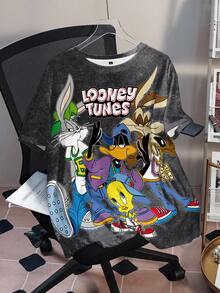 LOONEY TUNES X SHEIN 大码字母卡通图案圆领短袖T恤 - 白色 - 查看 1