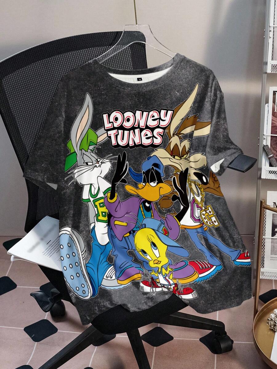 LOONEY TUNES X SHEIN 大码字母卡通图案圆领短袖T恤 - 白色 - 查看 1