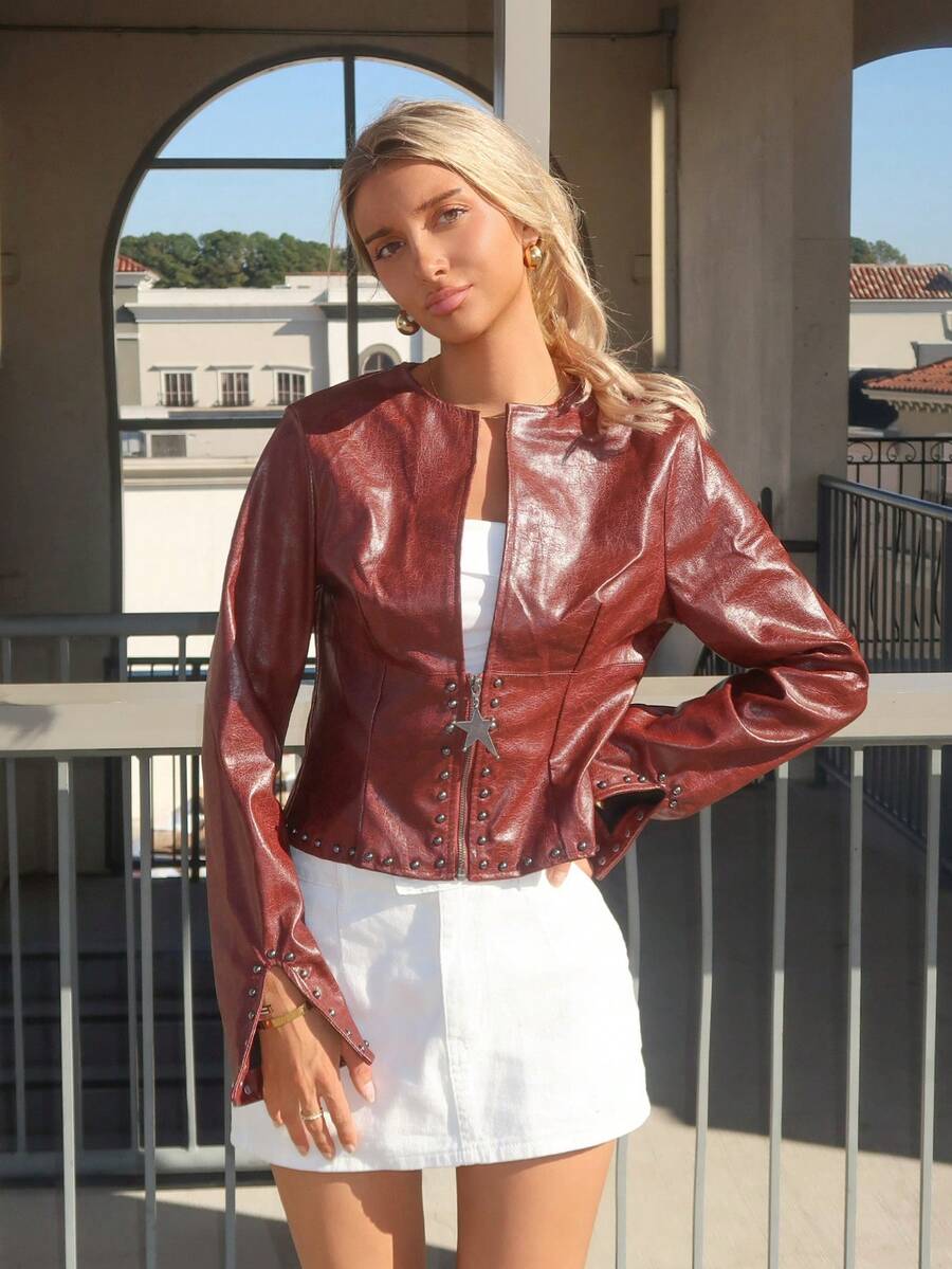 Sydney Algeri Jaqueta de Couro de Manga Longa Estilo de Rua Vinho Tinto - Vinho - Visão 1