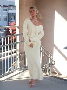 Sydney Algeri 1 set Femme Cardigan à manches longues et épaules tombantes surdimensionné + Jupe pull longue trapèze, Jaune clair