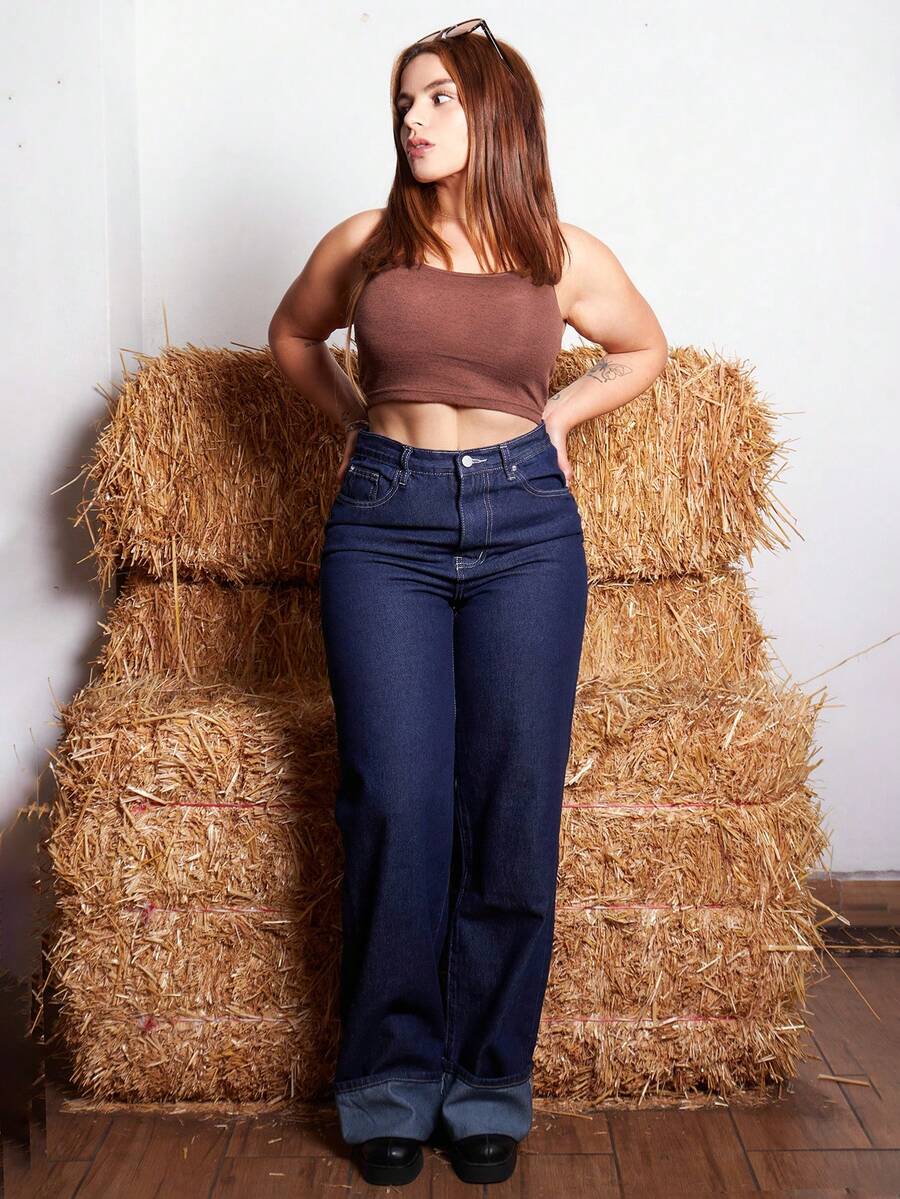 Lupita Cardoza 休闲宽松直筒长袖口牛仔裤 - 深色水洗藍 - 查看 1