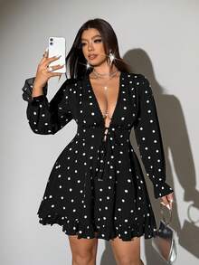 Viva Relle Plus Size Sexy Deep V-Neck Polka Dot Ruffle Hem Dress - Black - View 2