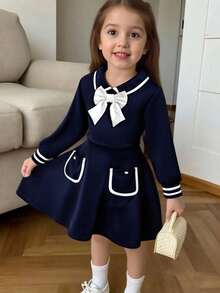 1pc Girls' Casual Collared Embroidered Colorblock Knit Dress - Navy Blue - View 7