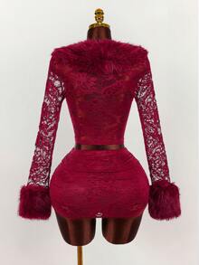 Amplova 女士蕾丝和人造毛皮两件套，性感前卫的超低腰迷你裙，侧面有褶饰，袖口为人造毛皮，配有纽扣开合，适合约会 - 酒紅色 - 查看 10