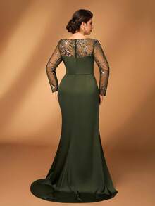 Serin Váy cưới cho mẹ cô dâu dáng dài cổ chữ V màu xanh lá cây sang trọng, thanh lịch, tay dài, chất liệu satin, chắp vá, xếp nếp, trang trí bên hông, dáng xòe bồng bềnh - màu xanh lá - Xem 4