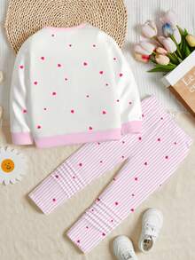 两件套女童休闲圆领长袖卫衣和打底裤，经典条纹、波点、可爱爱心蝴蝶结印花，适合秋冬季穿着 - 彩色 - 查看 3