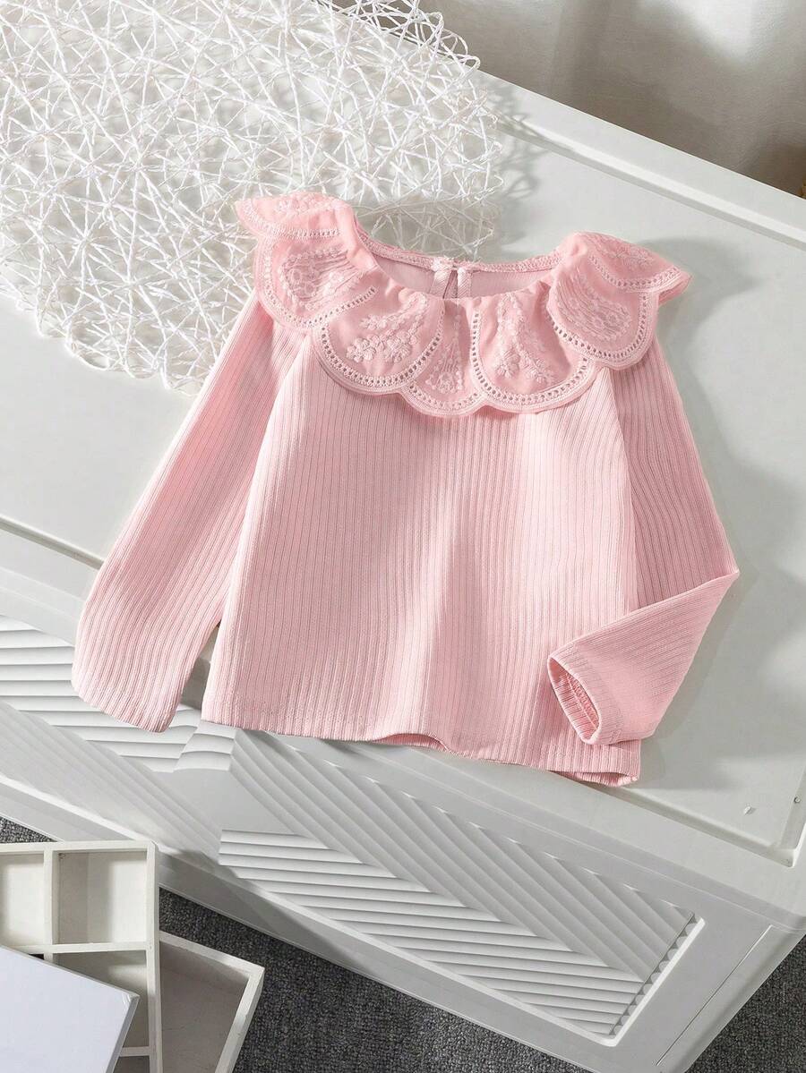 Elladie kids Áo thun tay dài vải gân cho bé gái có cổ viền ren, thoải mái, thời trang thanh lịch, phù hợp cho mùa xuân, thu, đông - Màu Hồng baby - Xem 1