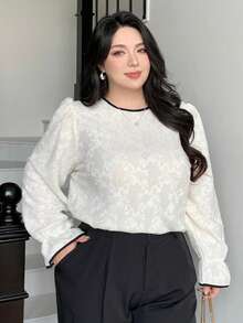 Dazy Plus بلوزة بلوزة فضفاضة مع أكمام واسعة وياقة مستديرة، تباين الألوان والدانتيل، مناسبة للربيع والخريف - لون مشمشي - مشاهدة 4